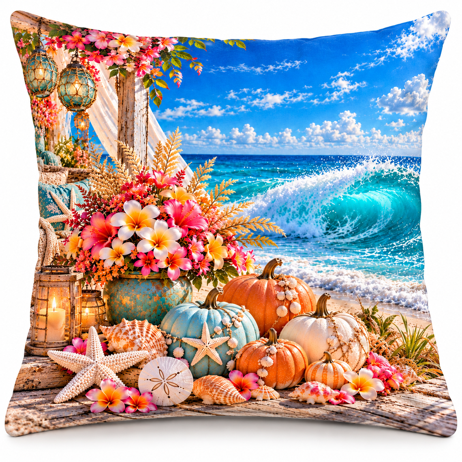Tropical Pumpkin Porch printed coastal pillow cover featuring tropical flowers, coastal pumpkins, lanterns and ocean wave, on a white background