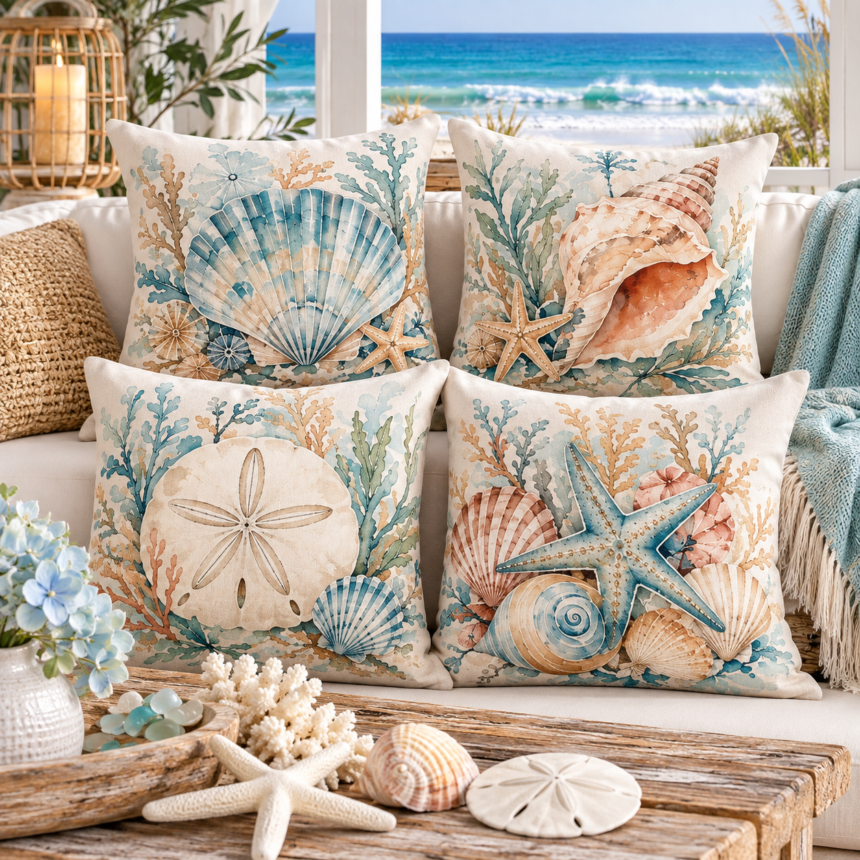 Four watercolor seashell pillow cover designs styled together in a bright coastal living room