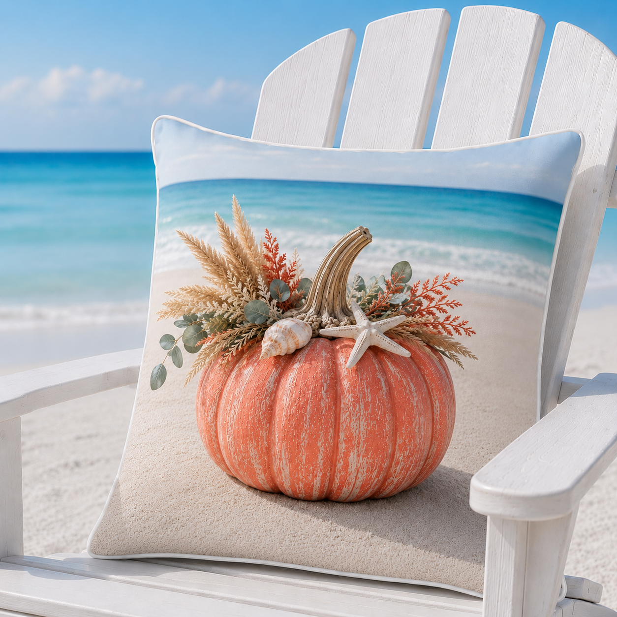 Coral coastal pumpkin pillow cover with starfish and shells styled on a white chair by the sea