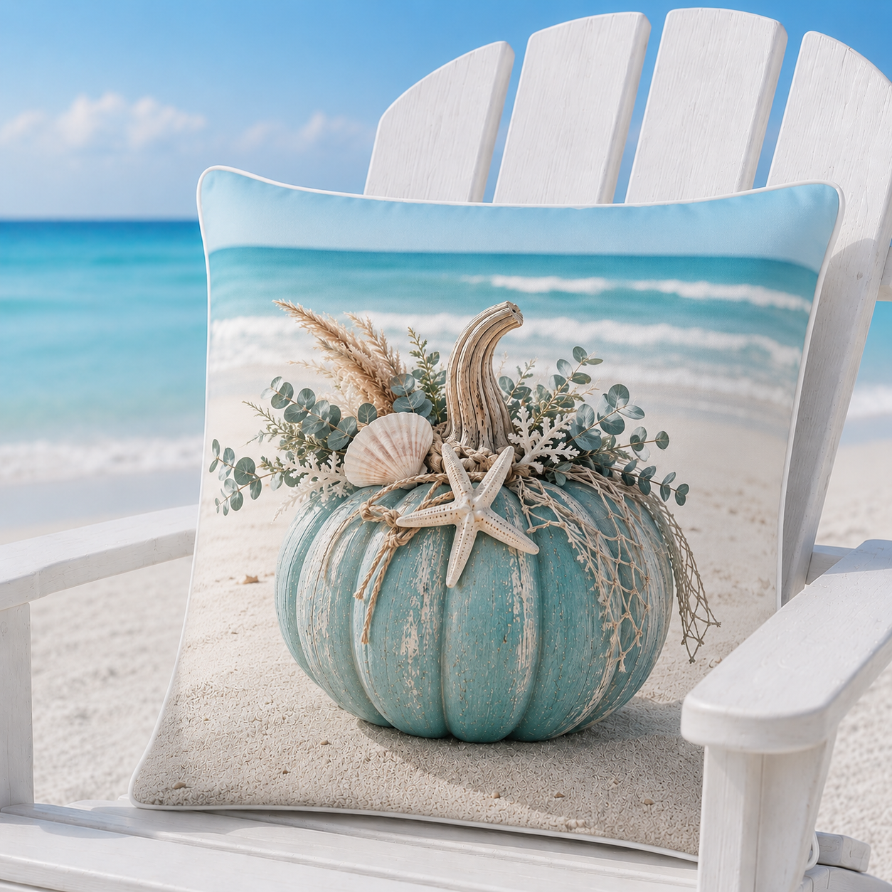 Seafoam coastal pumpkin pillow cover with starfish and shells styled on a beach chair