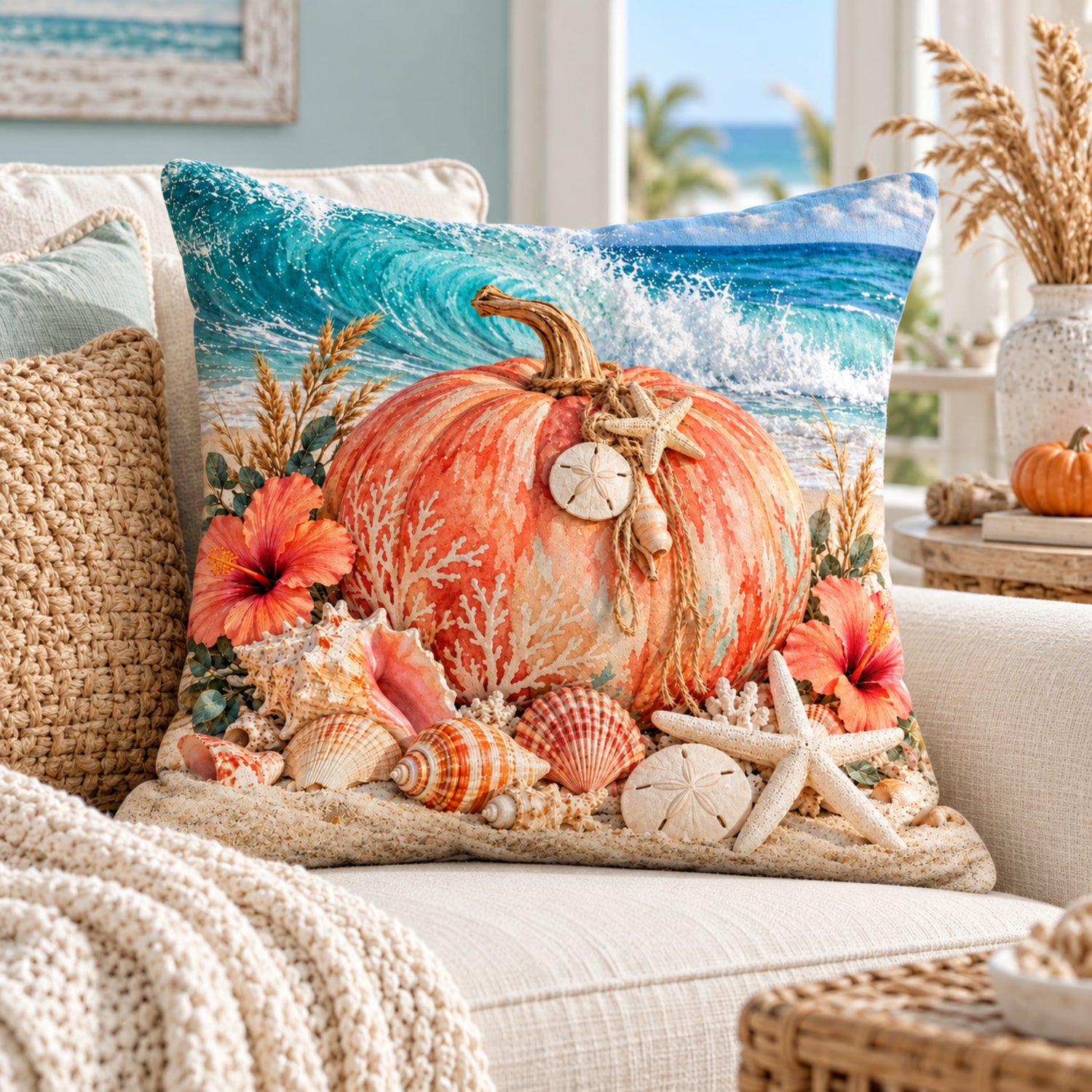 Coral Reef Pumpkin pillow cover styled in a bright coastal room