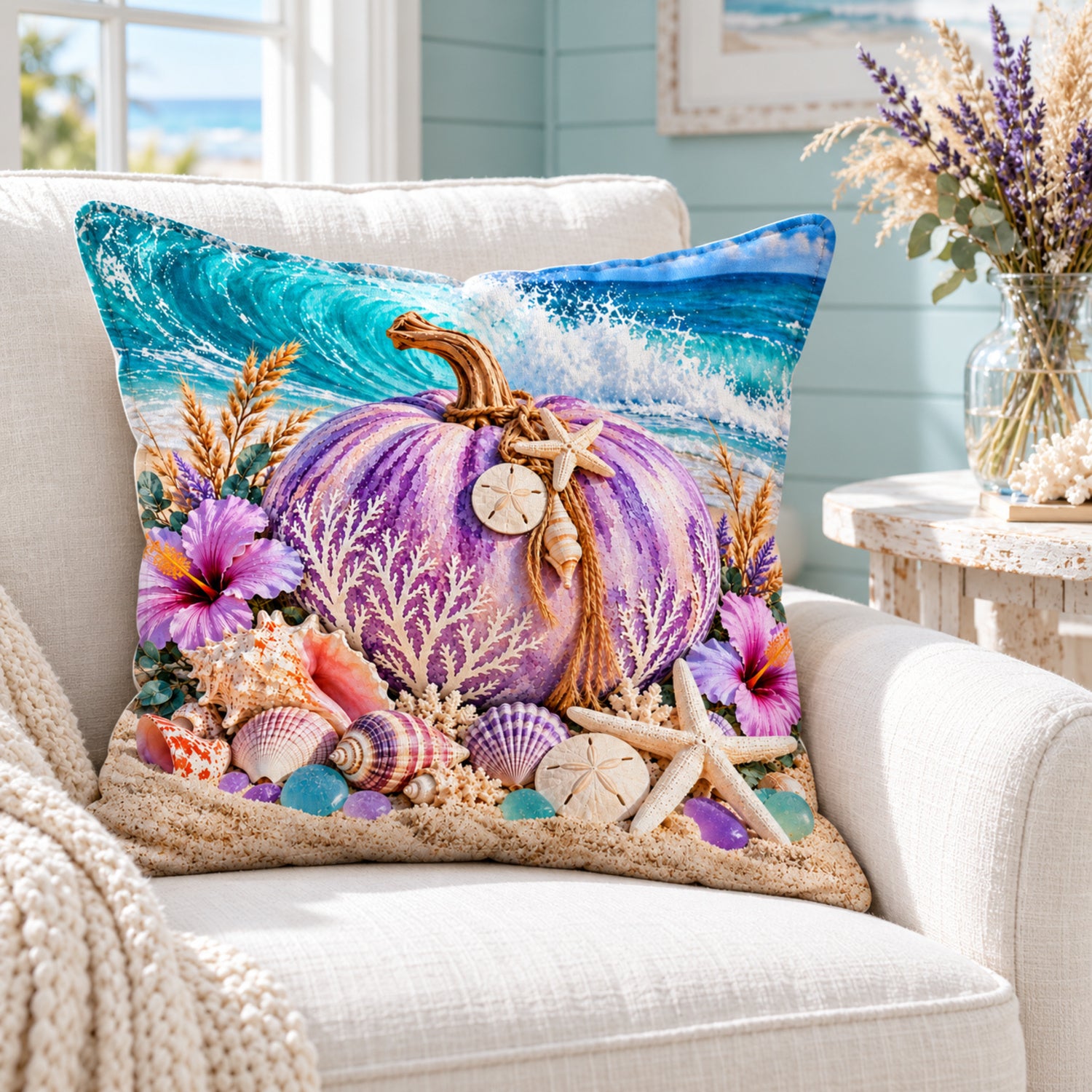 Purple Reef Pumpkin pillow cover styled in a bright coastal room