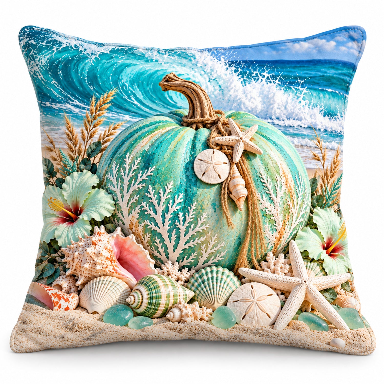 Seafoam Reef Pumpkin pillow cover on a white background