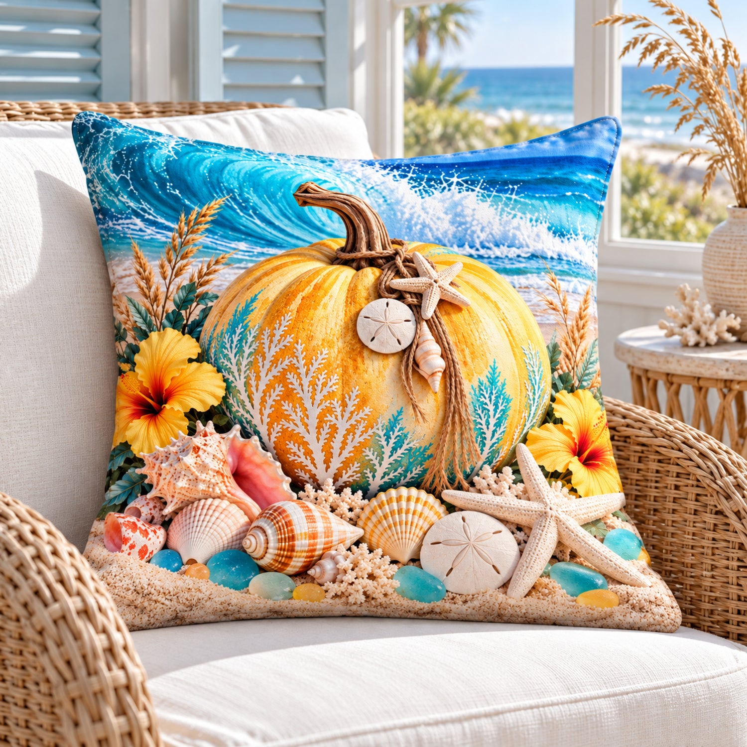 Yellow Reef Pumpkin pillow cover styled in a bright coastal room
