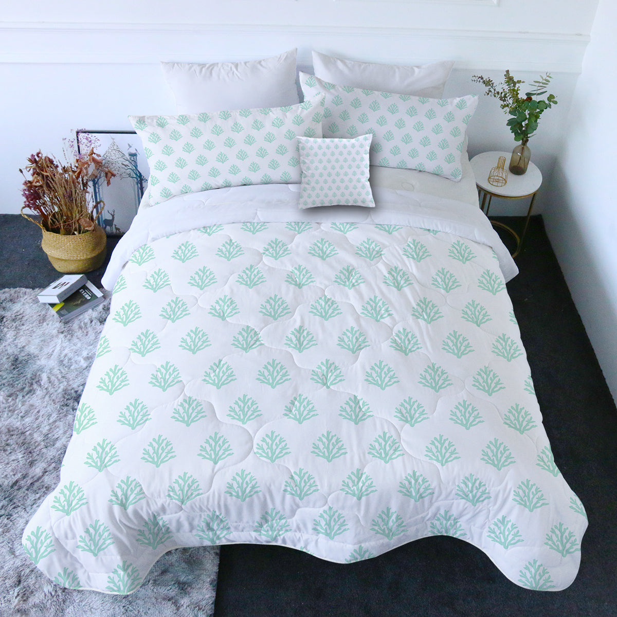 Coral Mint Comforter with Shams and Pillow Cover