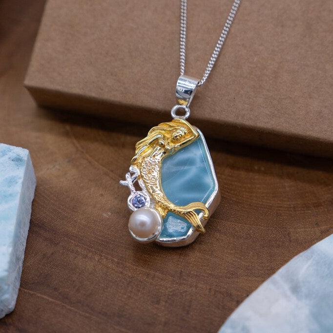 Mermaid Necklace Gold Pearl Blue Topaz