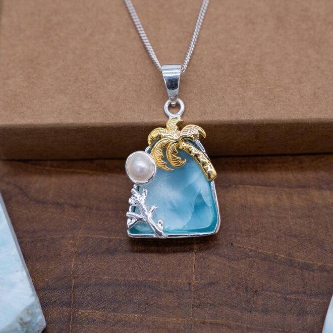 Larimar and White Pearl Necklace