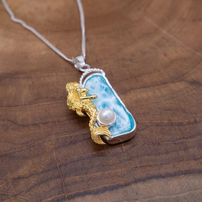 Mermaid Necklace - Gold, Larimar, Blue Topaz, Pearl, Silver