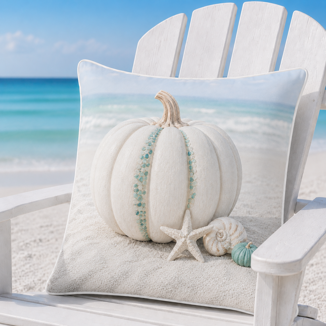Pearl and Turquoise Coast pillow cover styled beside clear turquoise water