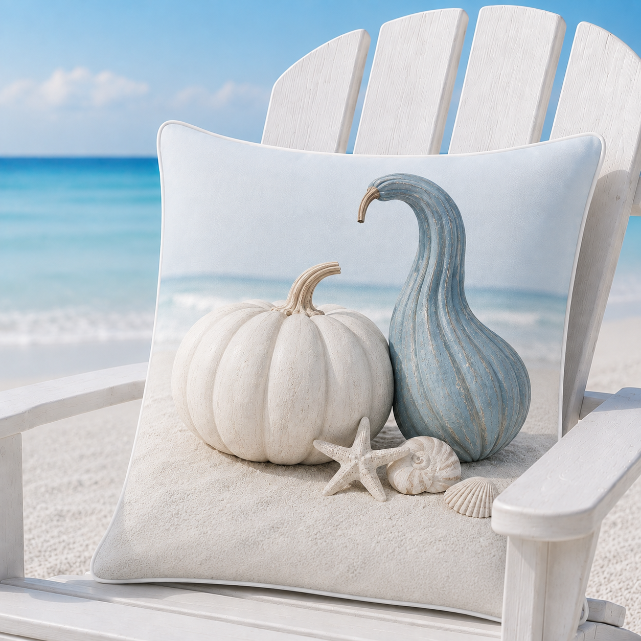 Pearl White Coast pillow cover styled on a white Adirondack chair beside the sea