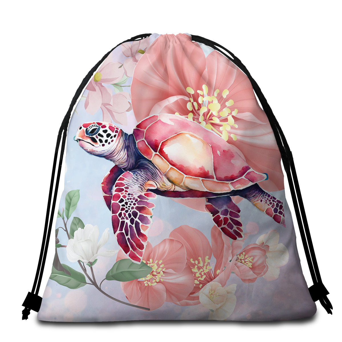 Sea Turtle Blossoms Round Beach Towel