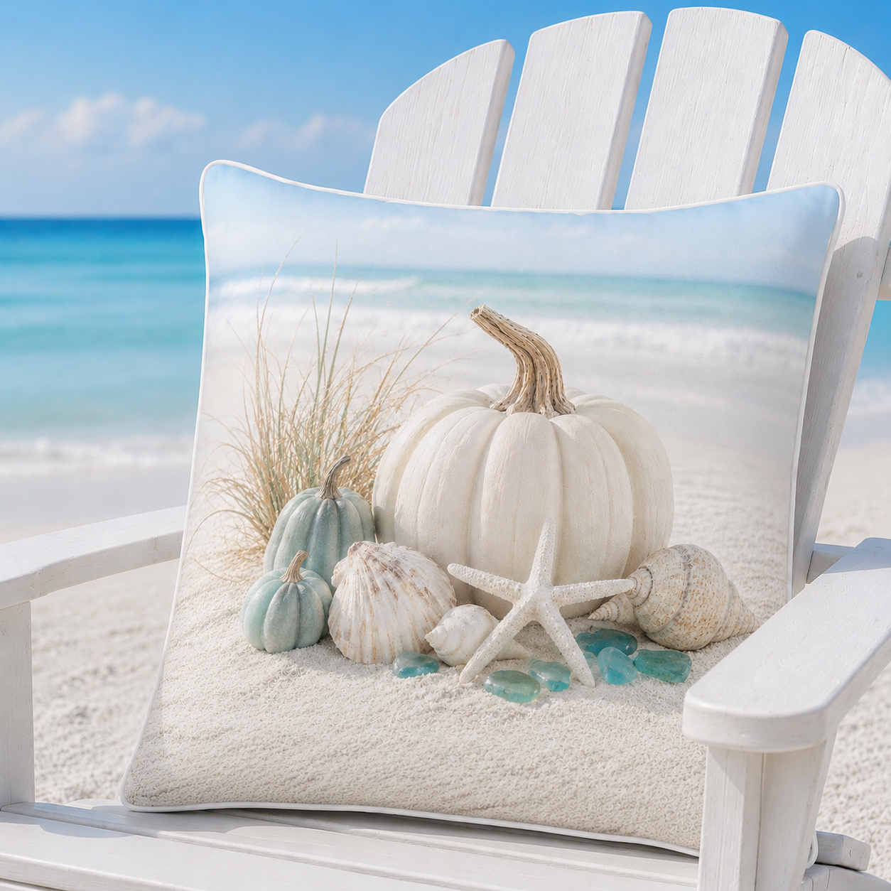 Ivory and aqua coastal pillow cover styled on an Adirondack chair beside the sea