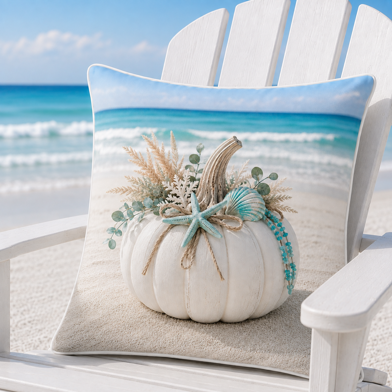 Turquoise Coast pillow cover styled on a white Adirondack chair beside turquoise water