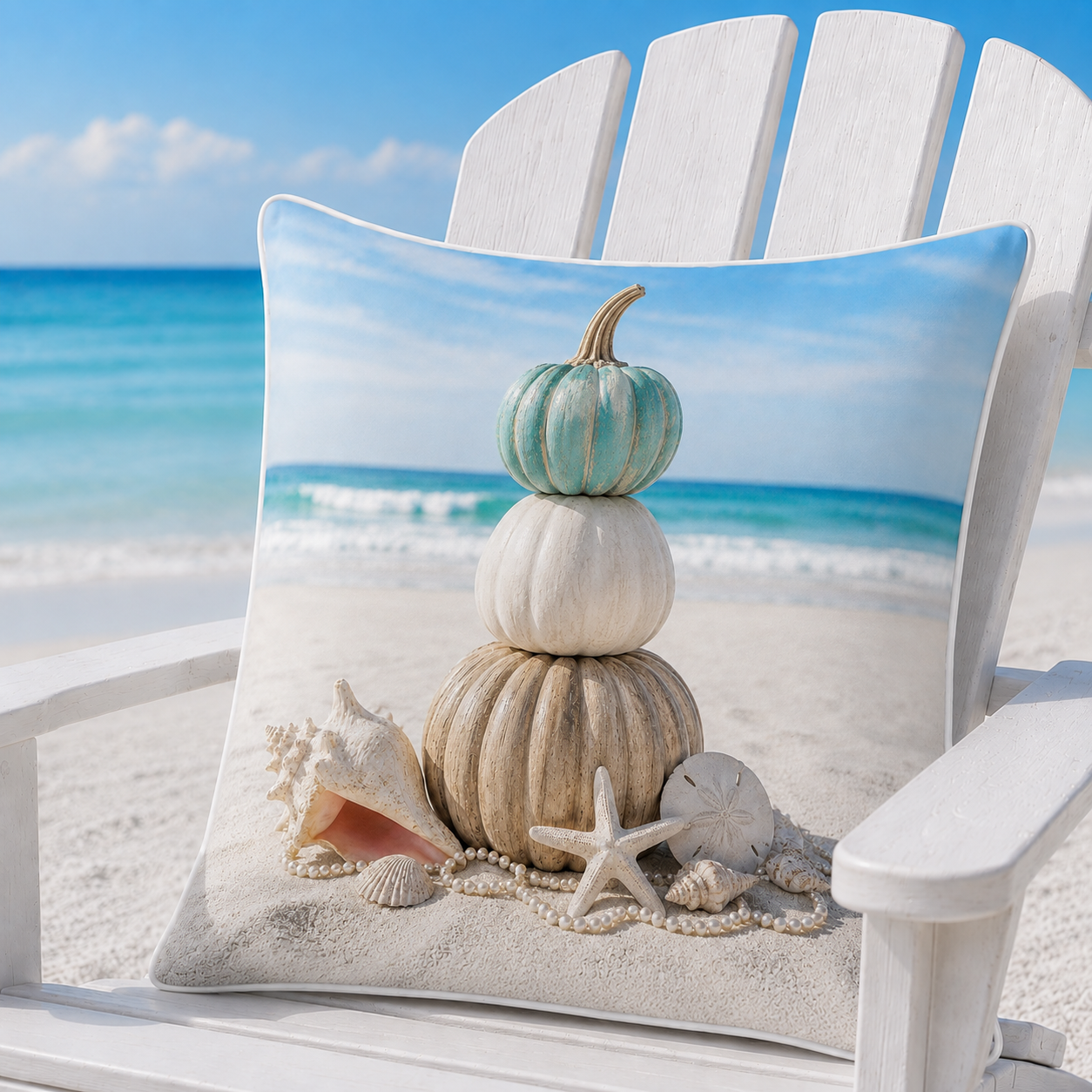 Turquoise and ivory coastal pillow cover styled in a bright seaside setting
