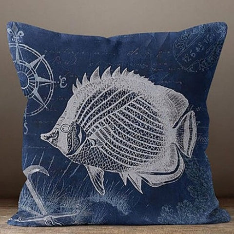 Navy Blue Sealife Set of 4 Pillow Covers