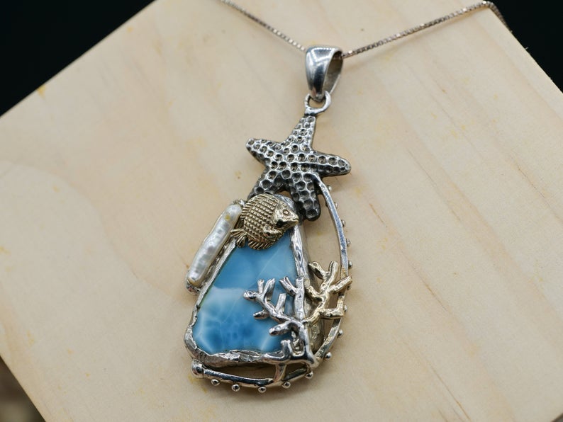 Sterling Silver Starfish with Caribbean Larimar Pendant Necklace - Only One Piece Created