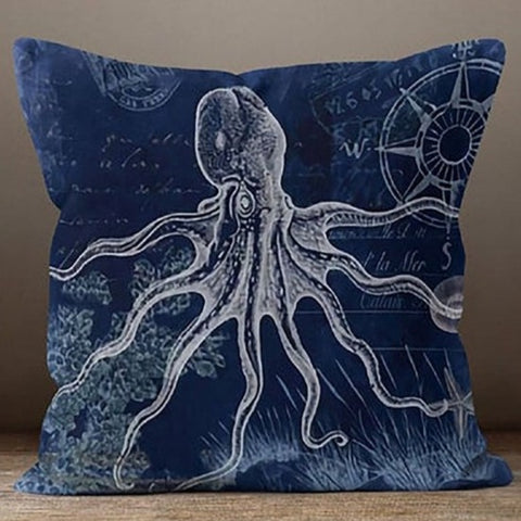 Navy Blue Sealife Set of 4 Pillow Covers