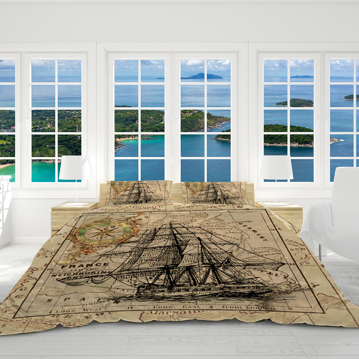 Vintage Nautical Map Reversible Bedcover Set