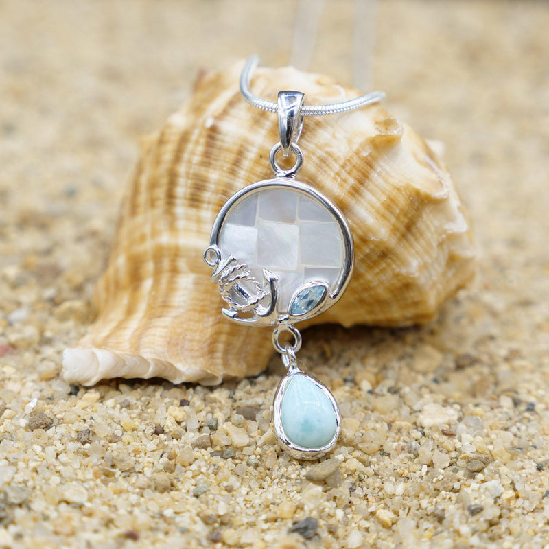 Anchor Pendant Necklace with Blue Topaz, Mother of Pearl Mosaic and Larimar Stone