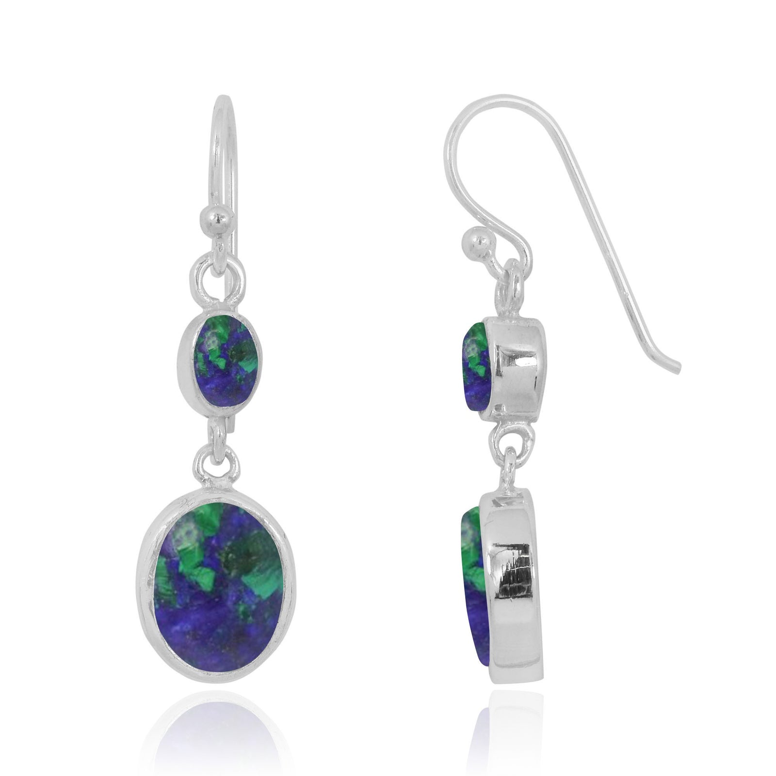 Azurite Malachite Oxidized Silver Drop Earrings with 1 Oval Shape Azurite Malachite Stone
