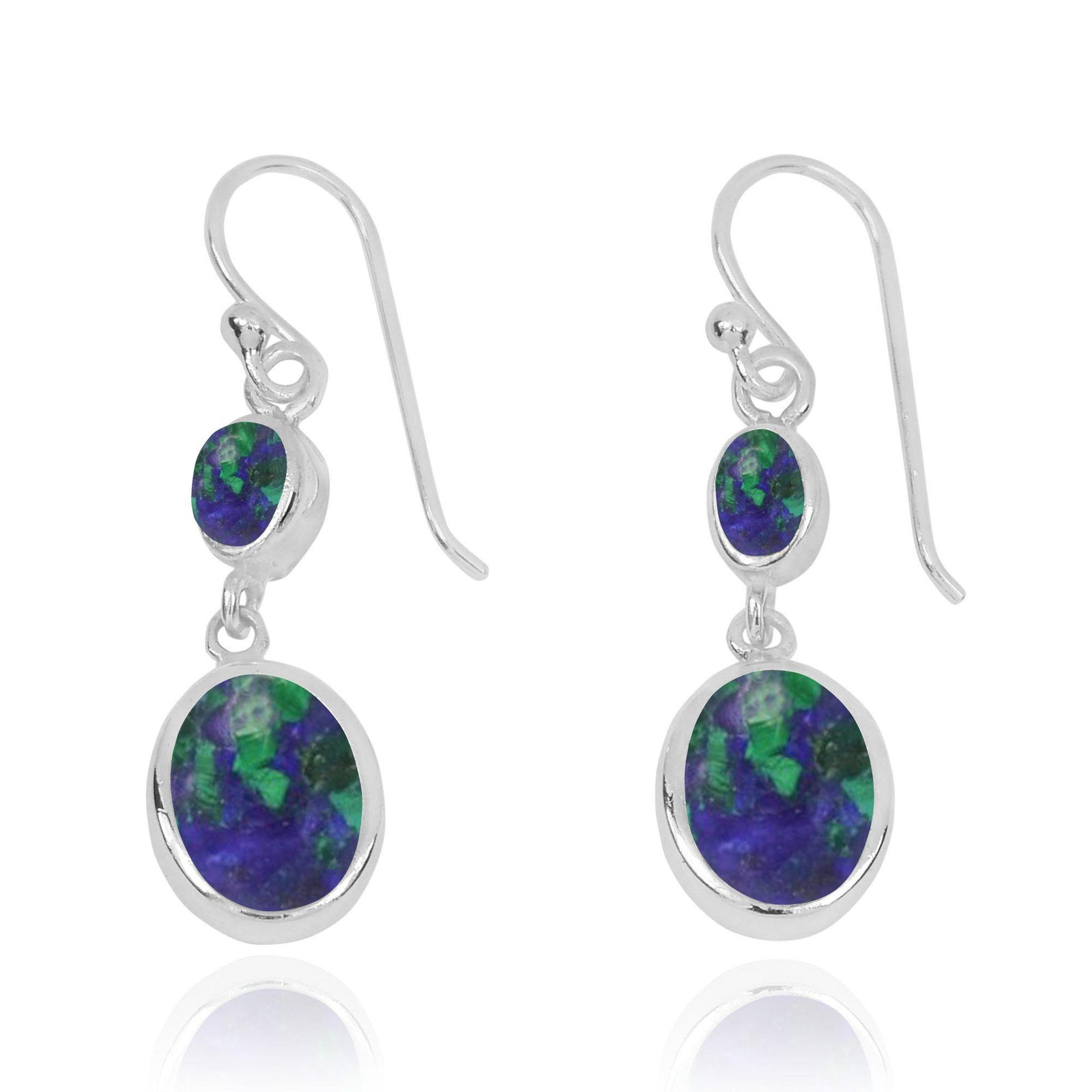 Azurite Malachite Oxidized Silver Drop Earrings with 1 Oval Shape Azurite Malachite Stone