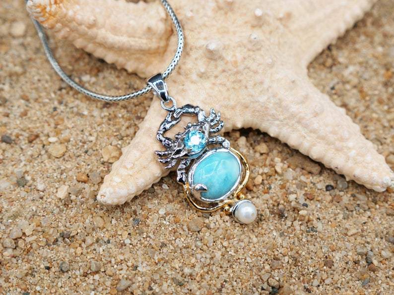 Crab Pendant with Larimar, Blue Topaz and Pearl - Only One Piece Created