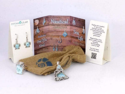 Double Mermaid Tail Pendant Necklace with Larimar, Tanzanite and Mother of Pearl Mosaic