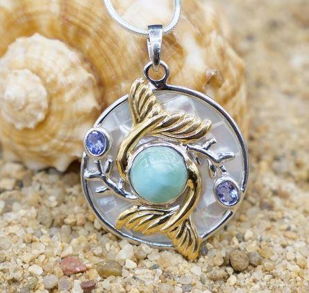 Double Mermaid Tail Pendant Necklace with Larimar, Tanzanite and Mother of Pearl Mosaic