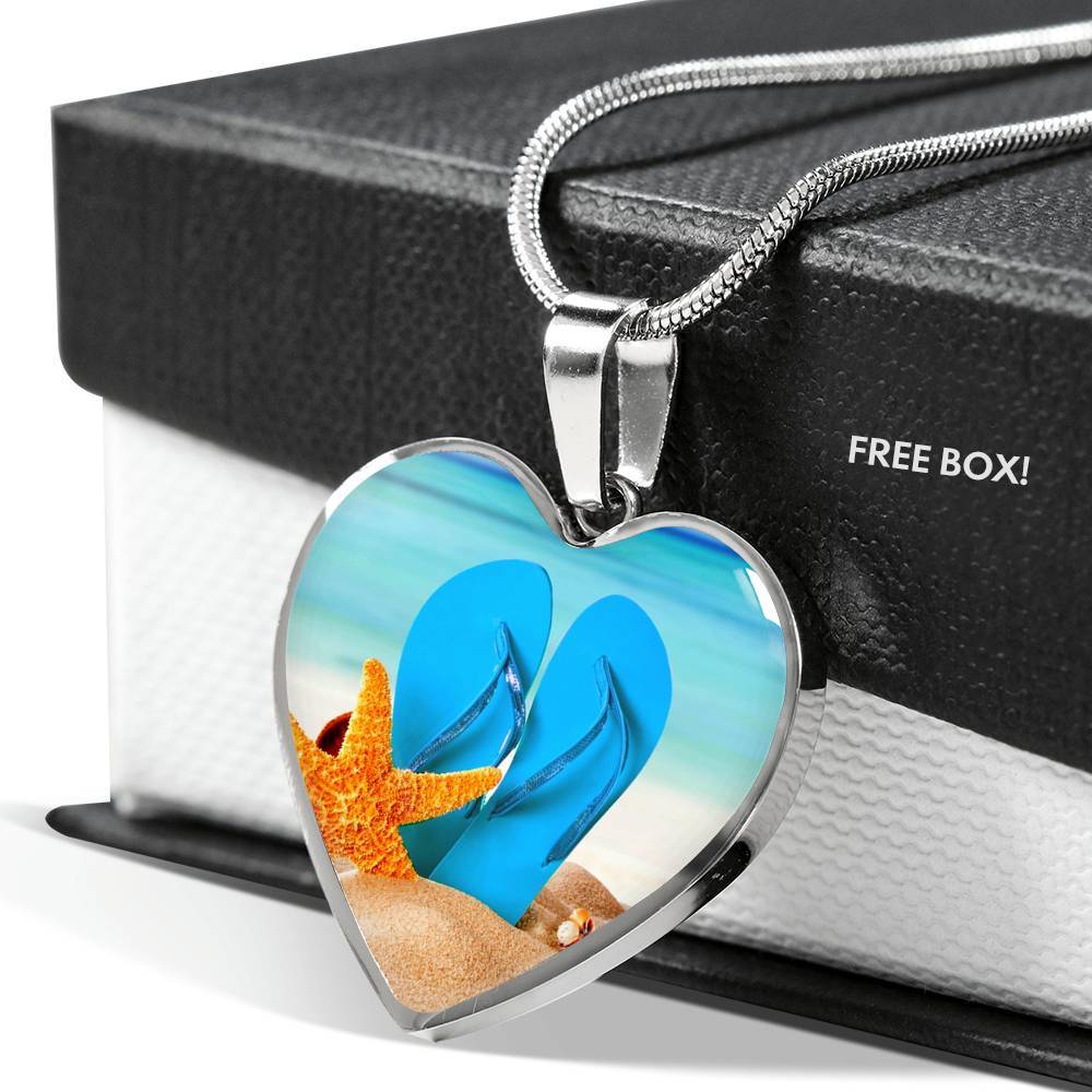 Engraving Option* New Flip Flops On The Beach - Heart Pendant Necklace