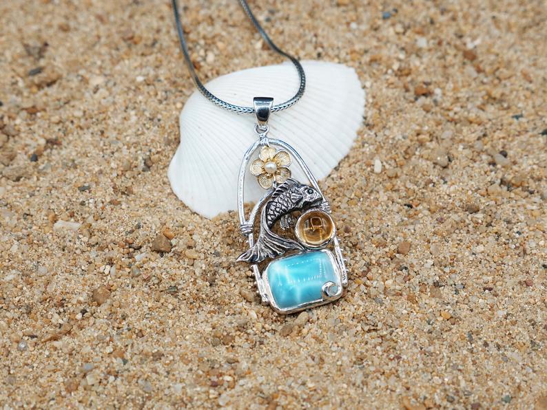 Fish and Hibiscus Pendant with Larimar and Citrine Stone - Only One Piece Created