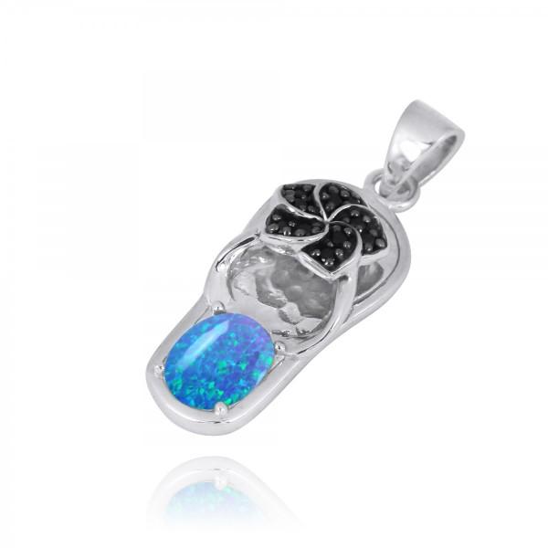 Flip Flop Pendant Necklace with Blue Opal and Black Spinel Hibiscus Flower