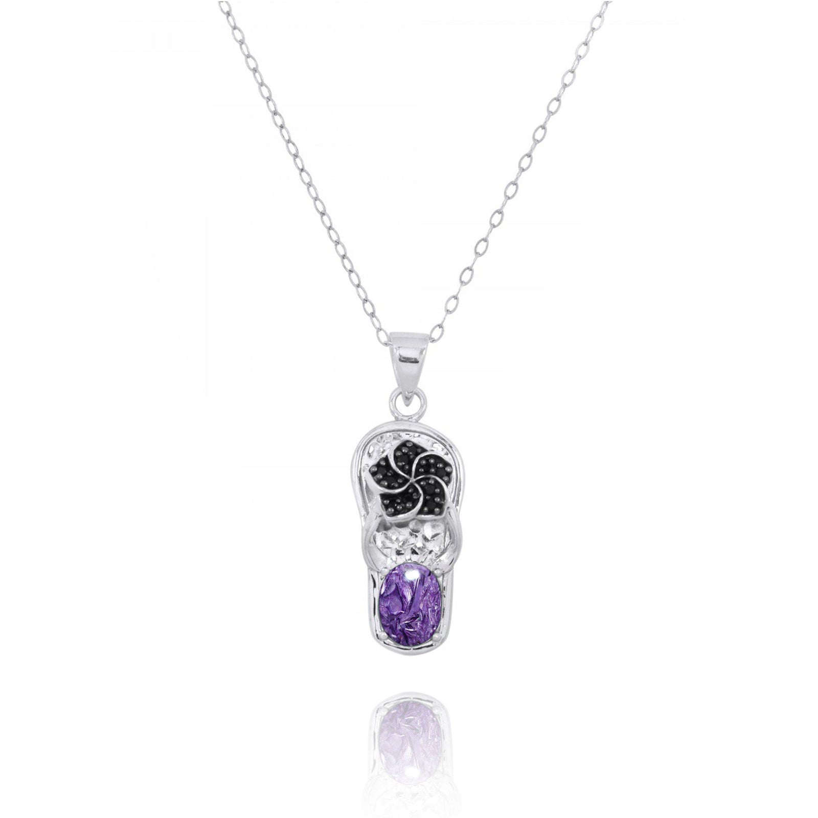 Flip Flop Pendant Necklace with Charoite and Black Spinel Hibiscus Flower