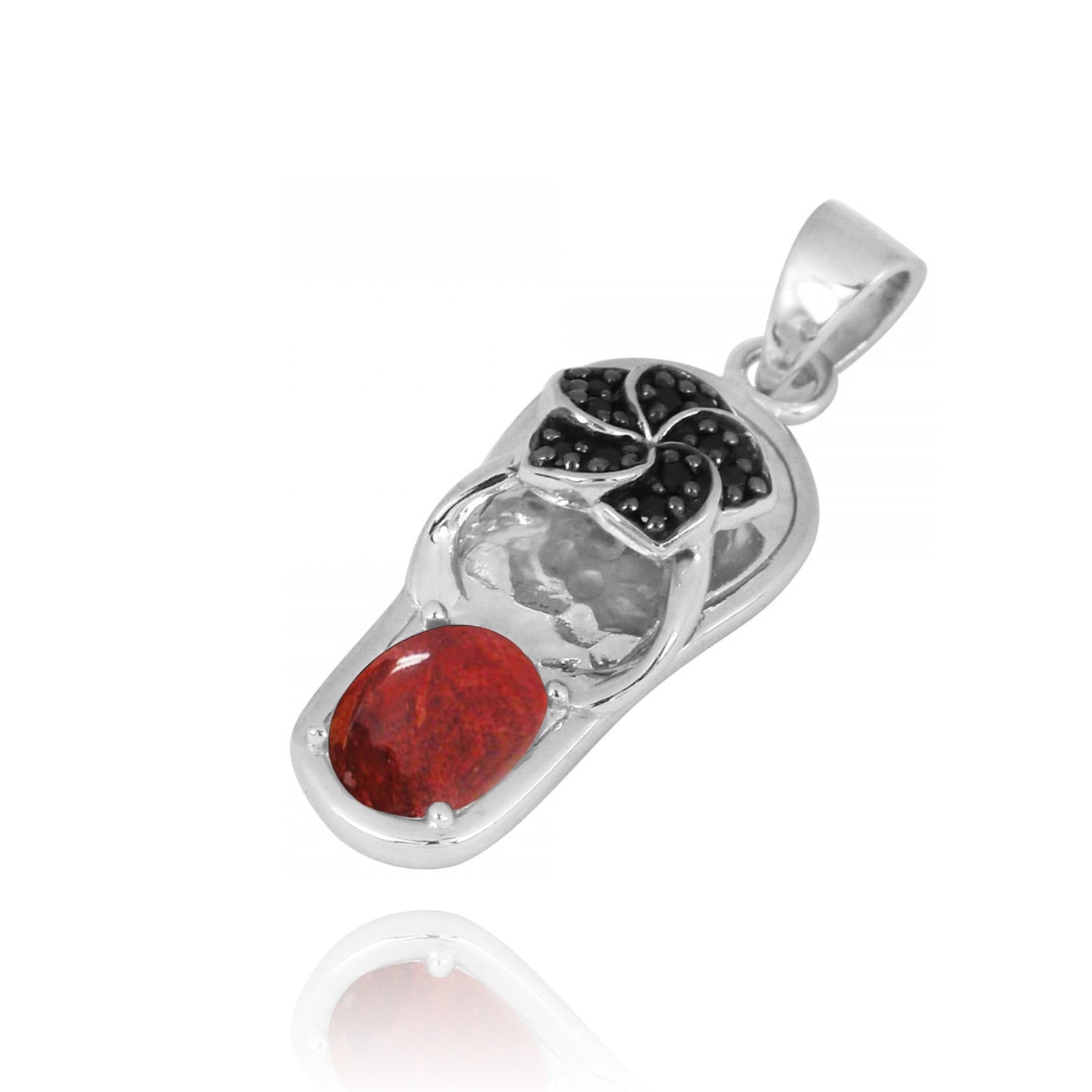 Flip Flop Pendant Necklace with Red Coral and Black Spinel Hibiscus Flower