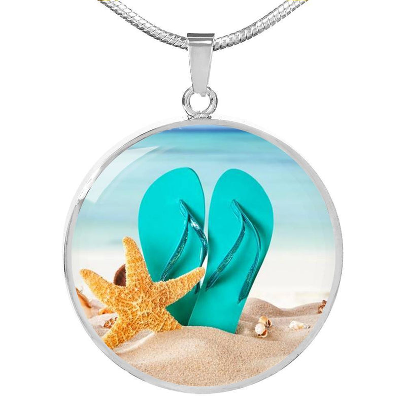 Flip Flops On The Beach Round Pendant Necklace