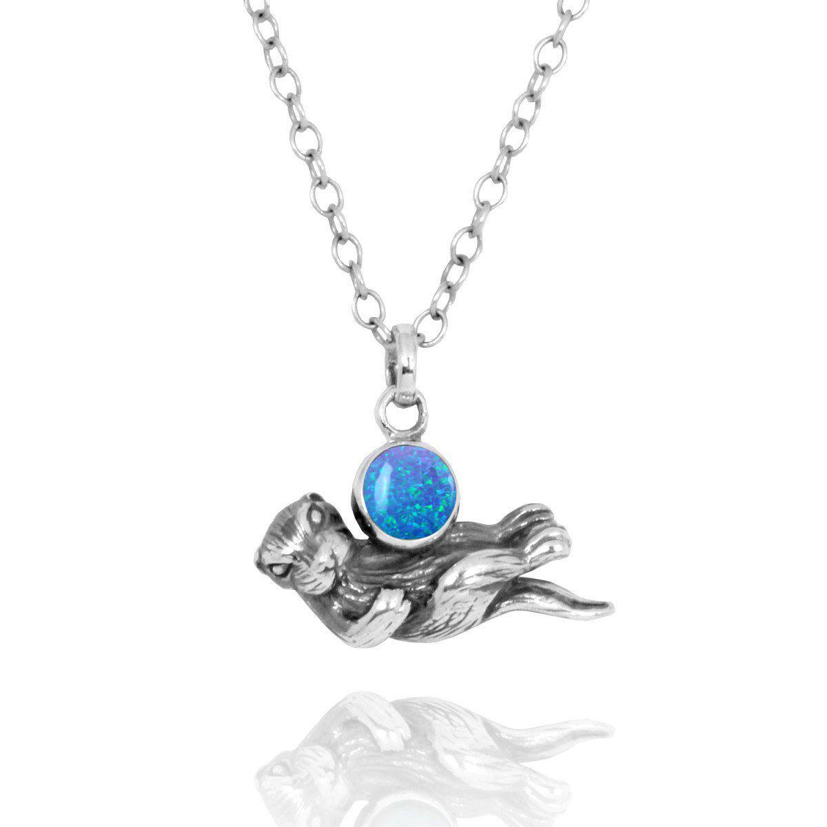 Floating Sea Otter Pendant Necklace with Blue Opal