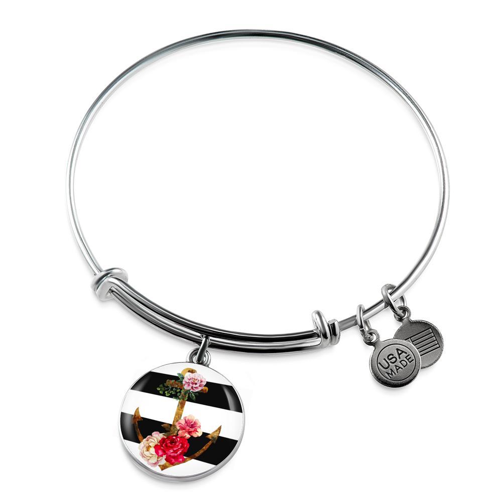 Flowery Anchor Bangle Bracelet