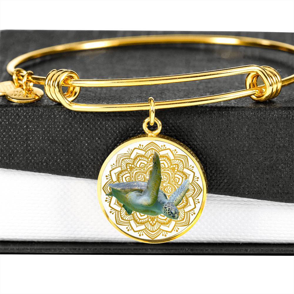 Golden Sea Turtle Mandala Bangle Bracelet