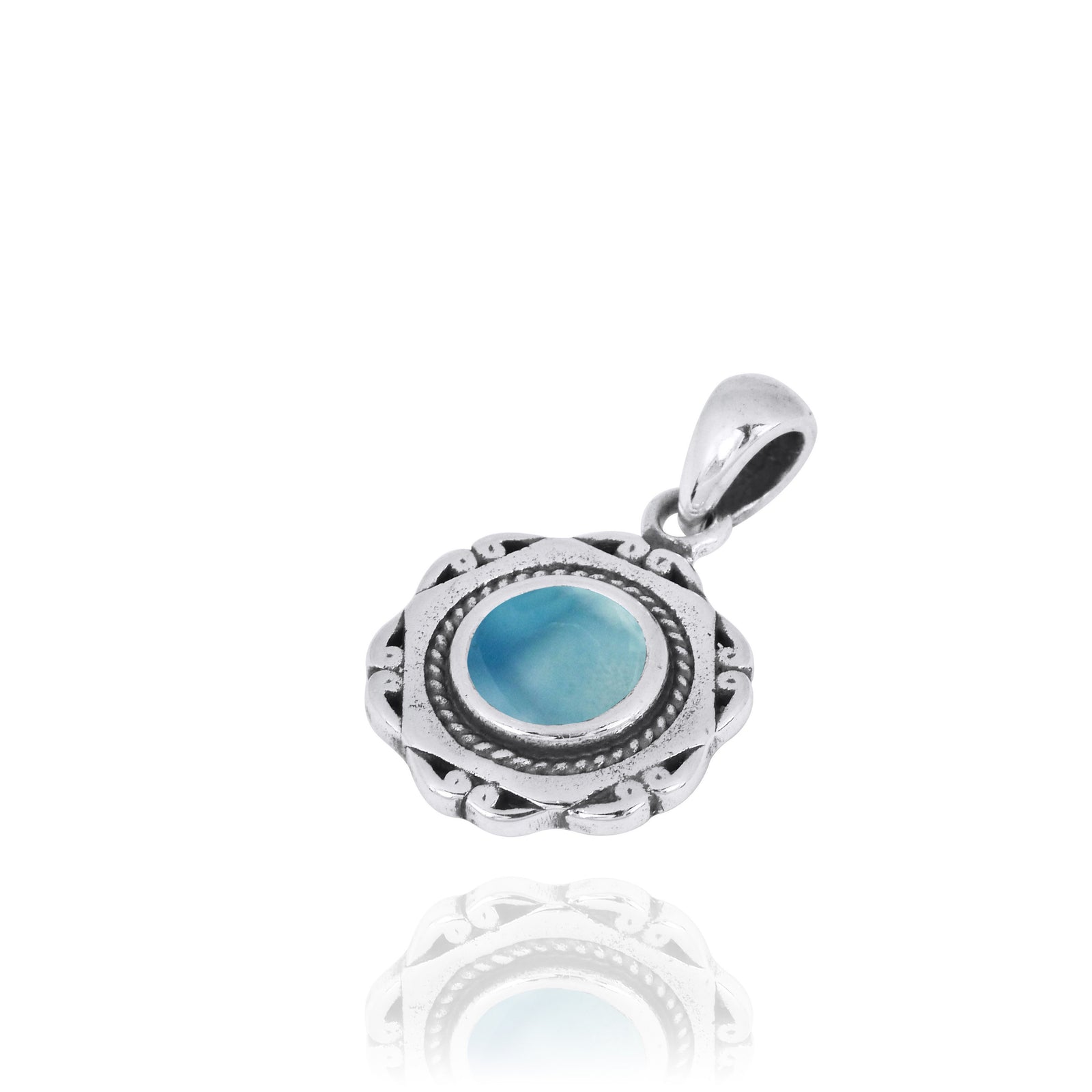 Hexagonal Shaped Oxidized Silver Pendant with Round Larimar
