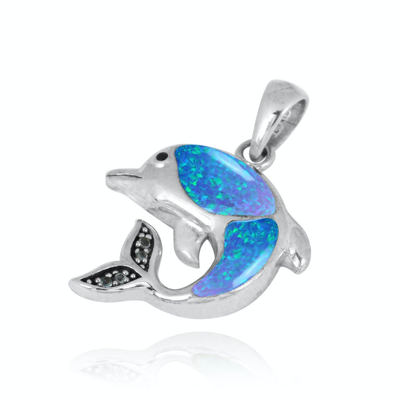Dolphin Pendant Necklace with Blue Opal and White CZ