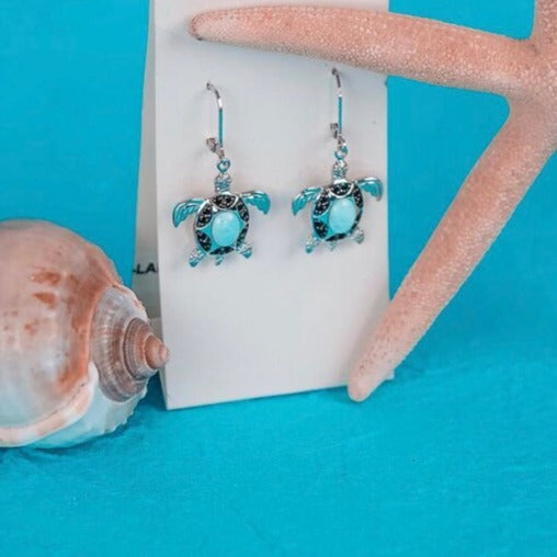 Sea Turtle Earrings with Larimar and Black Spinel