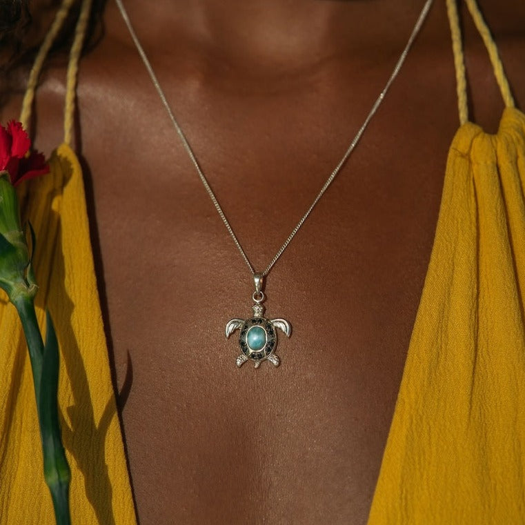 Sea Turtle Pendant Necklace with Larimar and Black Spinel
