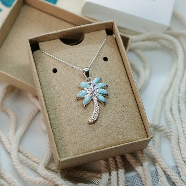 Sterling Silver and Larimar Palm Tree CZ Pendant Necklace