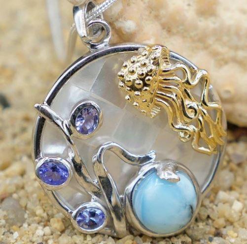 Jellyfish Pendant Necklace with Larimar, Tanzanite and Mother of Pearl Mosaic