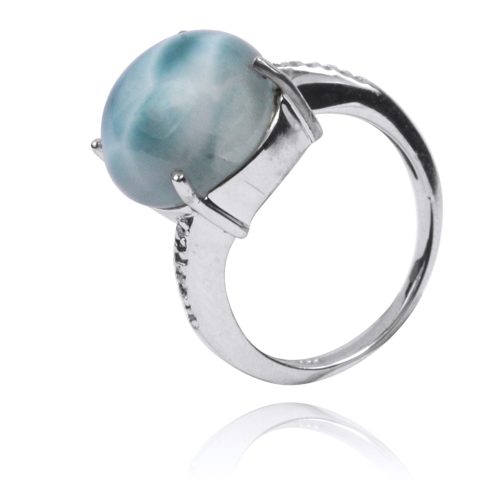 Larimar Gemstone Ring with 14 Round Shape White CZ Stones