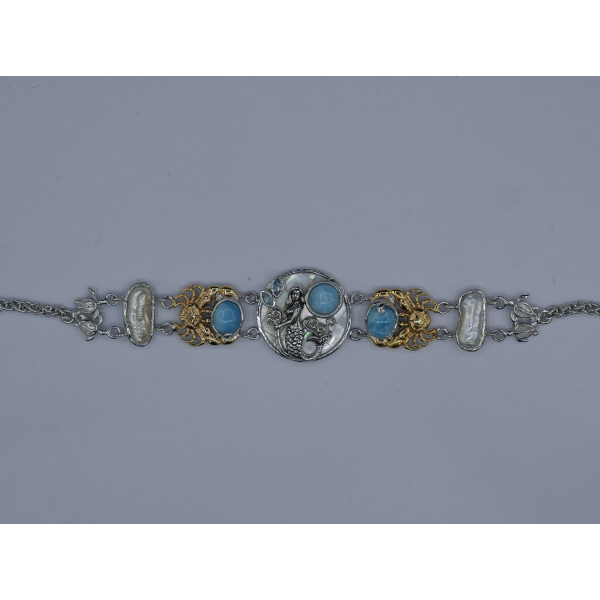 Mermaid, Crabs and Turtles Bracelet with Larimar and Pearls - Only One Piece Created