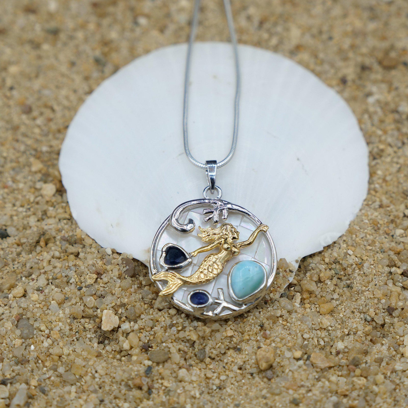 Mermaid Necklace with Larimar, Lapis Lazuli and Mother of Pearl