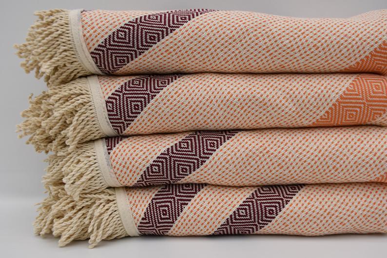 Orange and Burgundy 100% Cotton Round Beach Towel