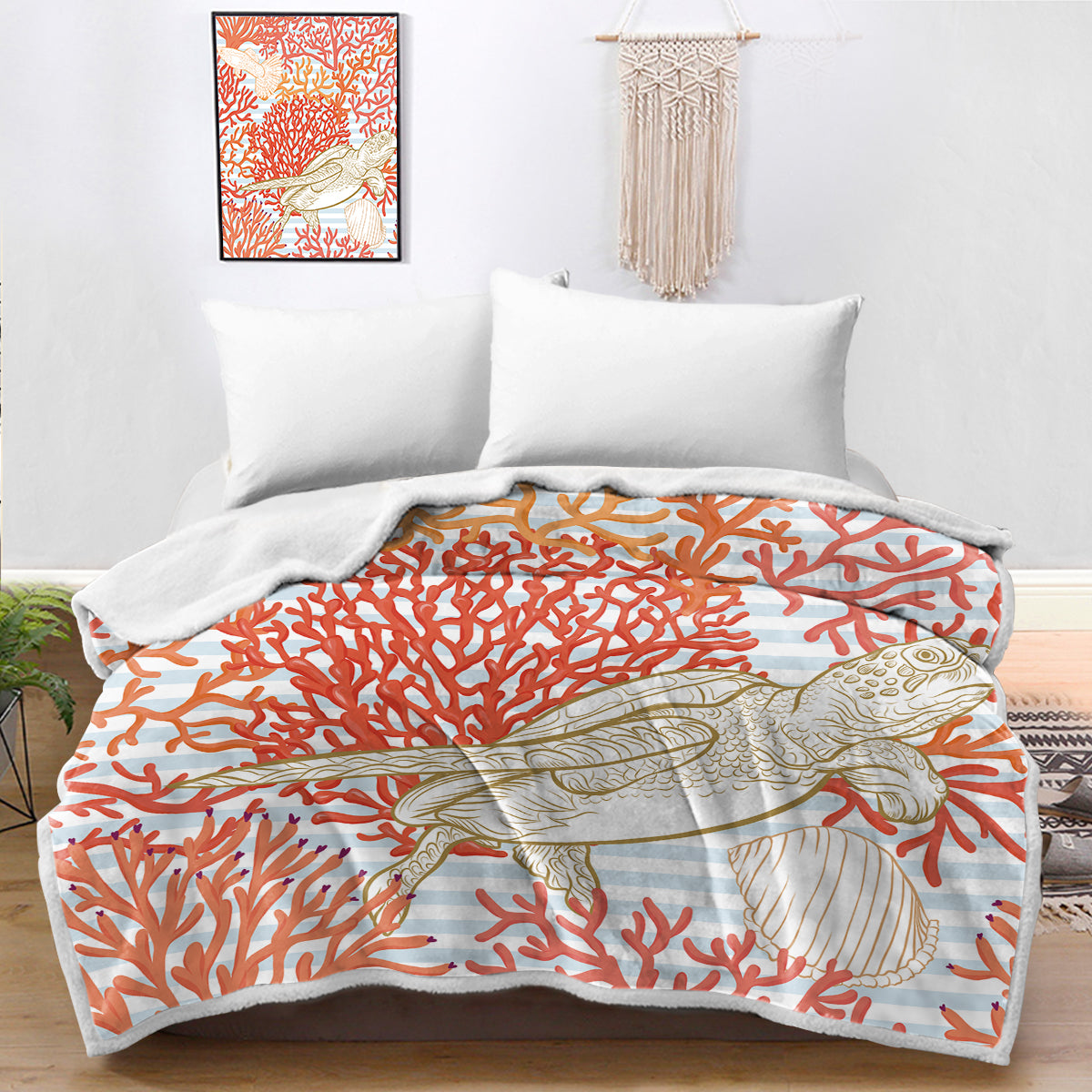 Red Coral Sea Turtle Bedspread Blanket
