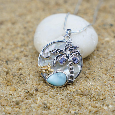 Sea Turtle and Palm Tree Necklace with Larimar, Blue Topaz and Mother of Pearl