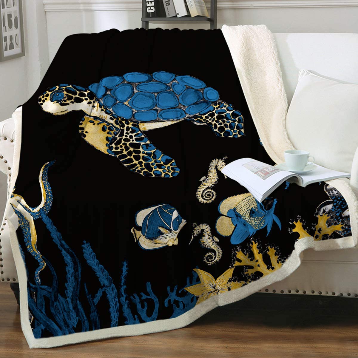 Sea Turtle Blues Soft Sherpa Blanket